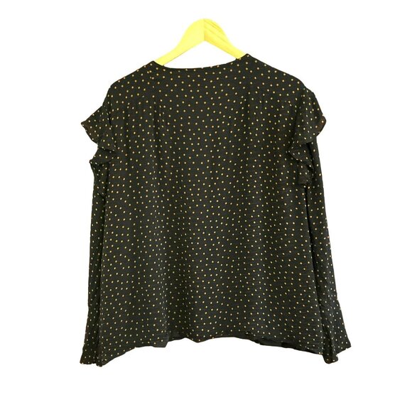 Sanctuary Black Gold Polka Dot V Neck Blouse Size 2X Ruffle Detail Snap Closure - Picture 5 of 6